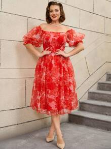 AOMEI Robe vintage à fleurs coupe évasée aux épaules dénudées, manches courtes en lanterne, style rétro, robe de soirée, robe d'invitée de mariage, pour cocktail