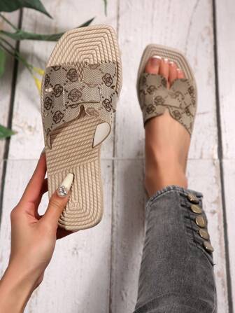 女士复古风格刺绣一脚蹬拖鞋，防滑室内外休闲罗马沙滩凉鞋