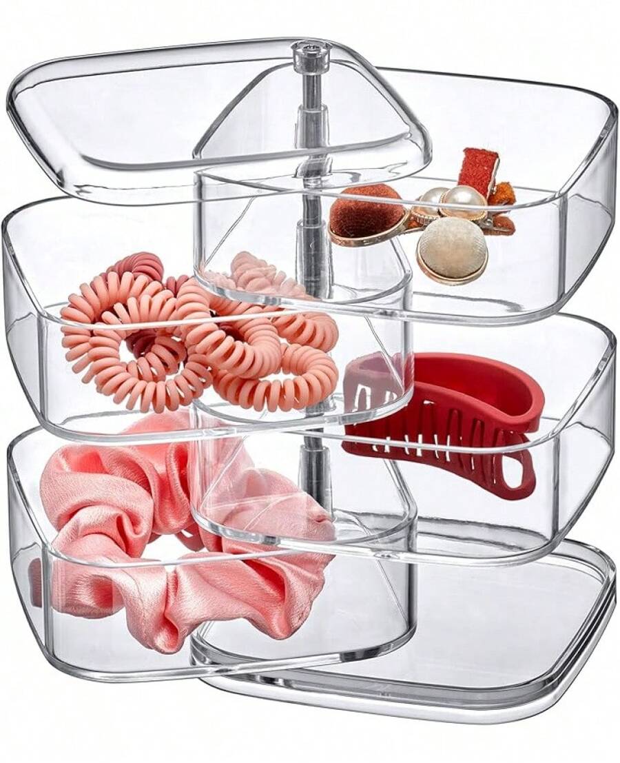 4-Tier Acrylic Hair Accessories Organizer With Lid, Plastic Jewelry Holder, Rotating Makeup Accessories Container, Beauty Supply Storage, Clear, Square (4.5" X 4.5")No. 30111 - Square - View 1