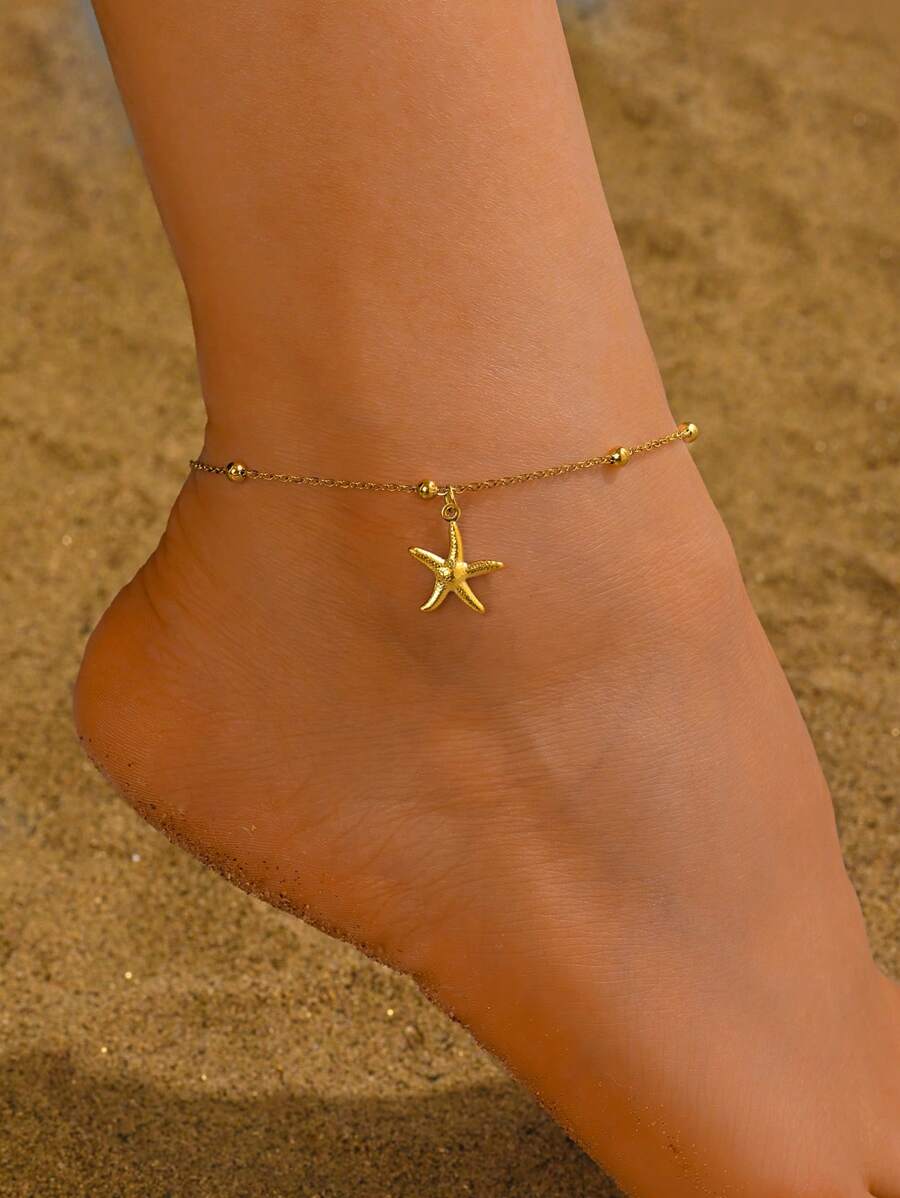 MONALLY 18K Gold Plated Sexy Cute Starfish Anklet, 1pc, Girls Birthday Gift, Stainless Steel Jewelry, Suitable For Summer Vacation Travel Beach Party (Random Quantity) - Starfish Anklet - View 1
