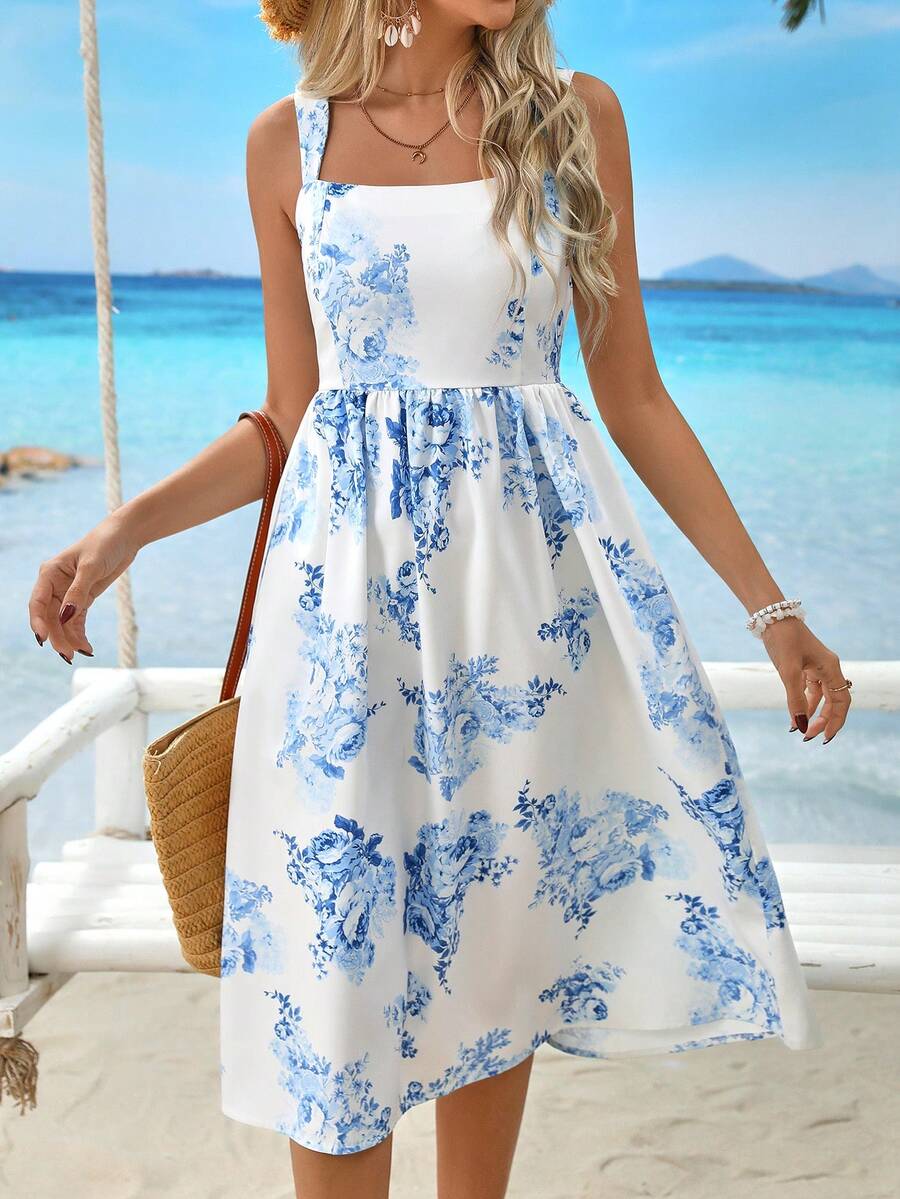 Midi-Kleid mit Blume Muster, Reißverschluss, quadratischem Ausschnitt und taillierter A-Linie-Form