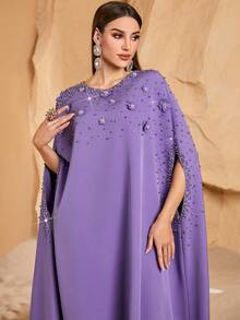 Women's Heavy Beading And Sequins Elegant Conservative Arabic Style Dress, Modest Abaya - Purple - View 3