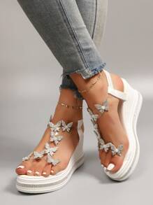 女士厚底坡跟凉鞋 夏季时尚水钻蝴蝶结凉鞋 女士白色厚底户外凉鞋 波西米亚风沙滩平底凉鞋 女士派对高跟凉鞋 女士仙女风低帮凉鞋 - 白色 - 查看 2