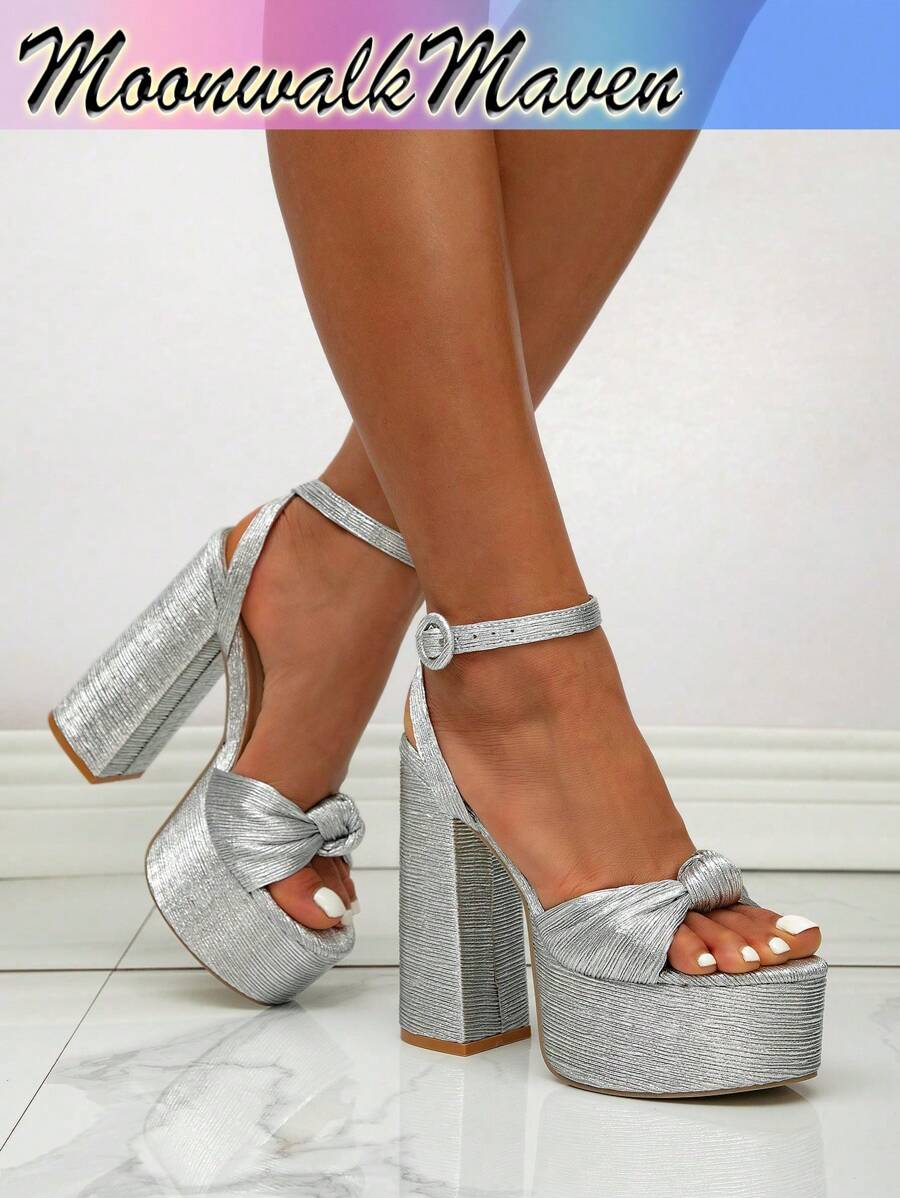 夏季女士新款百搭约会夜性感俱乐部厚底防水厚底超高跟凉鞋 - 銀色 - 查看 1