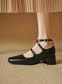 全新法式玛丽珍女式低帮粗跟方头交叉系带芭蕾平底鞋 - 黑色 - 查看 3