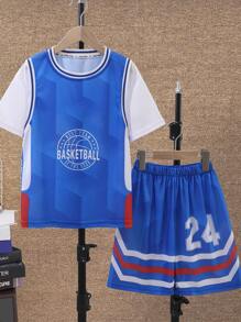 Boys' Basketball Uniform Sports Set, Short Sleeve Top & Shorts - Blue - View 2