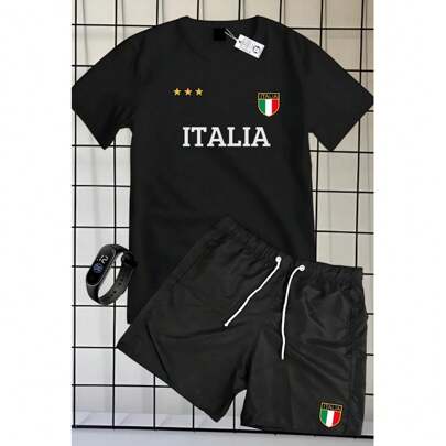 Conjunto Camiseta em Algodão + Shorts Shorts Mauricinho em Tactel Estampa Esportiva Casual Streetwear + Relógio de Brinde