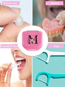 玫瑰图案 A-Z 牙科正畸保持器假牙粉色收纳盒，牙套盒，假牙盒，透气正畸牙套盒，保持器盒，牙科收纳盒，假牙放置盒，易于使用，方便携带，牙套牙套矫正器盒，口腔卫生牙套收纳盒，家用办公宿舍用品，家用收纳用品，牙科配件