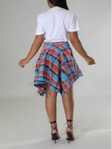 Plus Size Hip Hop Plaid Skirt 2025 - Women's Streetwear Tartan Skirt With Detachable Sleeves, Multi-Color Rap Style Skirt, High Waist A-Line Skirt With Belt (0X-5X) - 寶藍色 - 查看 7