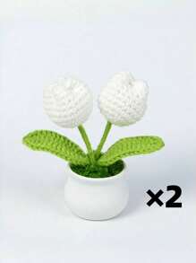 1pc/2pcs 2 Flower Heads (White), DIY Handmade Mini Potted Plant, Crochet Tulip, Mother's Day Gift, Home, Office, Desktop, Wedding, Birthday, Holiday Decor, Christmas & New Year Gift, For Boyfriend/Girlfriend/Father Gifts Graduation