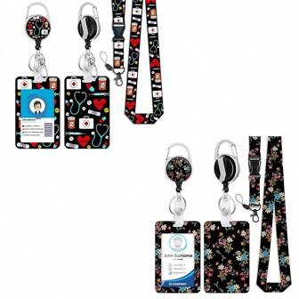 1 Set (Retractable Clip + ID Card Holder + Lanyard) Nurse's Stethoscope Badge Reel Clip, Extensible Coil Clip, Pill Bottle, Syringe Keychain, Black Floral Detachable Fabric Lanyard, ID Card Protective Case, Suitable For Aesthetics Office Accessories,School Supplies,Back To School