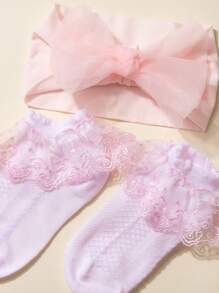 1 PC Kant Strik Baby Hoofdband + 1 Paar Baby Kant Sokken, Voor 1-3 Jaar Oud, Peuter Lente En Zomer Jurk, Strik Hoofdband En Sokken, Zacht En Modieus, Geschikt Voor Foto's En Het Dagelijks Leven, Lente En Zomer Haaraccessoires