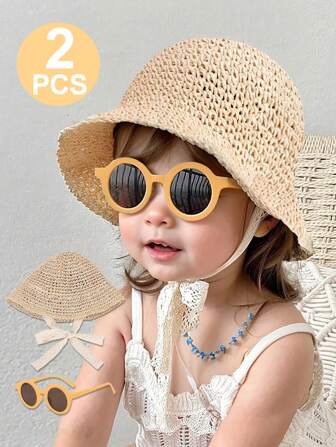 1 件儿童 1-6 岁户外防晒针织草帽和 1 副纯色简约时尚眼镜，适合户外活动和日常使用，春夏季
