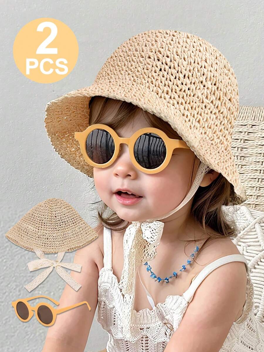 1 件儿童 1-6 岁户外防晒针织草帽和 1 副纯色简约时尚眼镜，适合户外活动和日常使用，春夏季