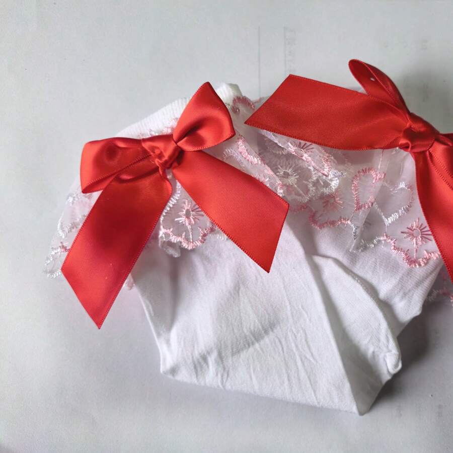 1 双女士性感白色天鹅绒 100D 蕾丝边短袜配黑色和红色蝴蝶结 - 紅白色 - 查看 1