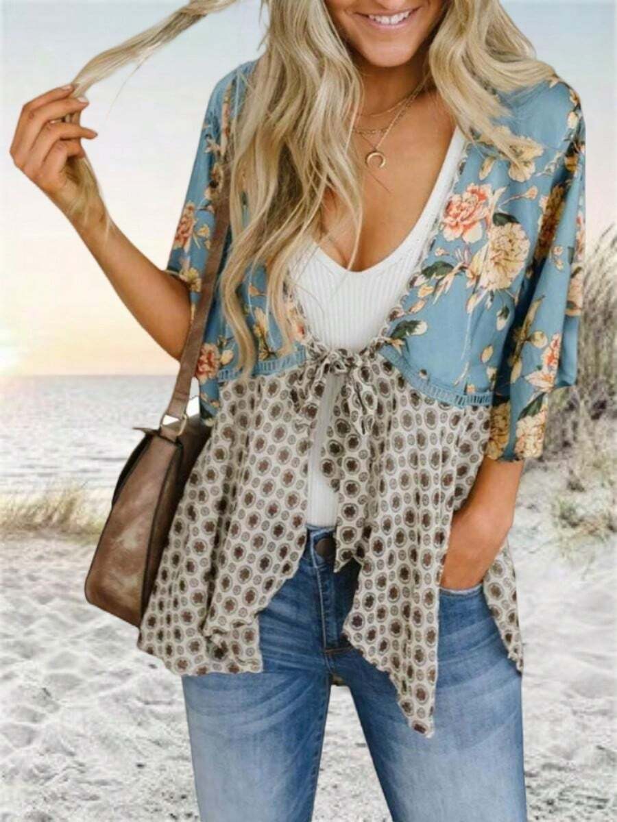 Womens Floral Boho Kimono Cardigan 3/4 Ruffle Sleeve Lightweight Tie Loose Cover Up - Màu xanh lam - Xem 1