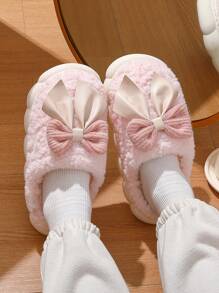 Women's Bow Plush Slippers, 2025 New Autumn/Winter Indoor Warm Non-Slip Slippers, Thick Sole Home Shoes, White & Khaki