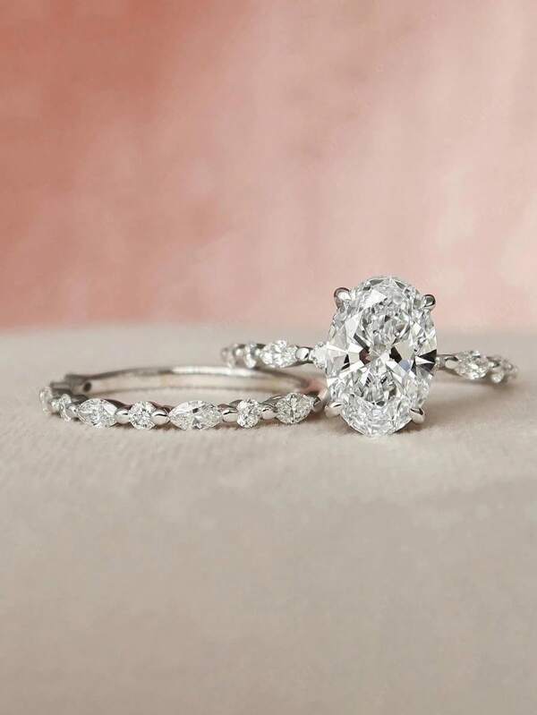 2pcs Set S925&925 Sterling Silver Single Row & Water Drop Rings Set Elegant For Women Dating Party Ring Anniversary Occasion Exquisite Women's Jewelry Gift