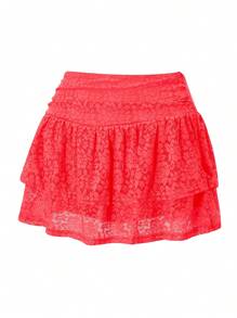 Women Tiered Ruffled Short Skirts Floral Lace Sheer Mid Rise Lined Cute Flowy Mini Skirts - Red - View 2