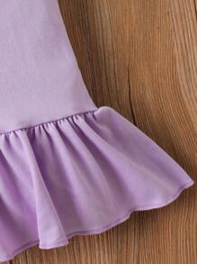 Baby Girls Cute Flower & Letter Print Sleeveless Ruffled Bow Decor Mini Dress, Fashionable For Summer - Purple - View 4
