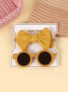 女孩头带和太阳镜套装，花卉印花蝴蝶结发饰和防紫外线眼镜 2 件