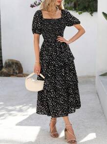Women Summer Puff Short Sleeve Midi Dress Floral Printed Square Neck Smocked Dress Ruffle Tiered Flowy Long Dress Casual Spring Holiday Vacation Garden Boho Bohemian Wedding Guest Valentine Maxi Dress - 黑色波點 - 查看 3