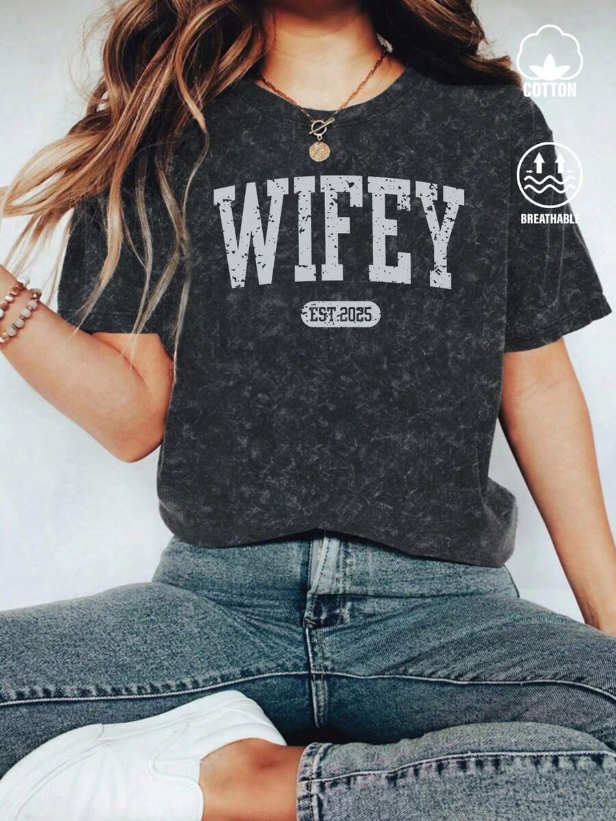 女式字母印花短袖上衣，非常适合假期和户外活动 - 黑色 - 查看 1