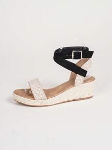 Zapatos de mujer tipo espardeña con correa de tobillo minimalista, zapatos de salón con cuña de tacón grueso, suela de yute y tobillera de faux fur negro para vacaciones