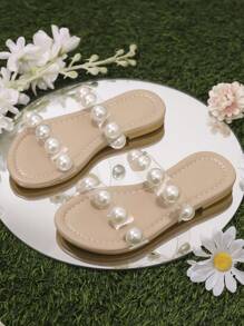 Girls Faux Pearl Decor Strap Sandals Casual Beach Slippers, Available In Small, Medium And Large Sizes, 2025 New Collection - White - View 1