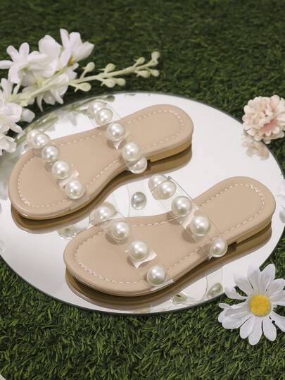 Girls Faux Pearl Decor Strap Sandals Casual Beach Slippers, Available In Small, Medium And Large Sizes, 2025 New Collection