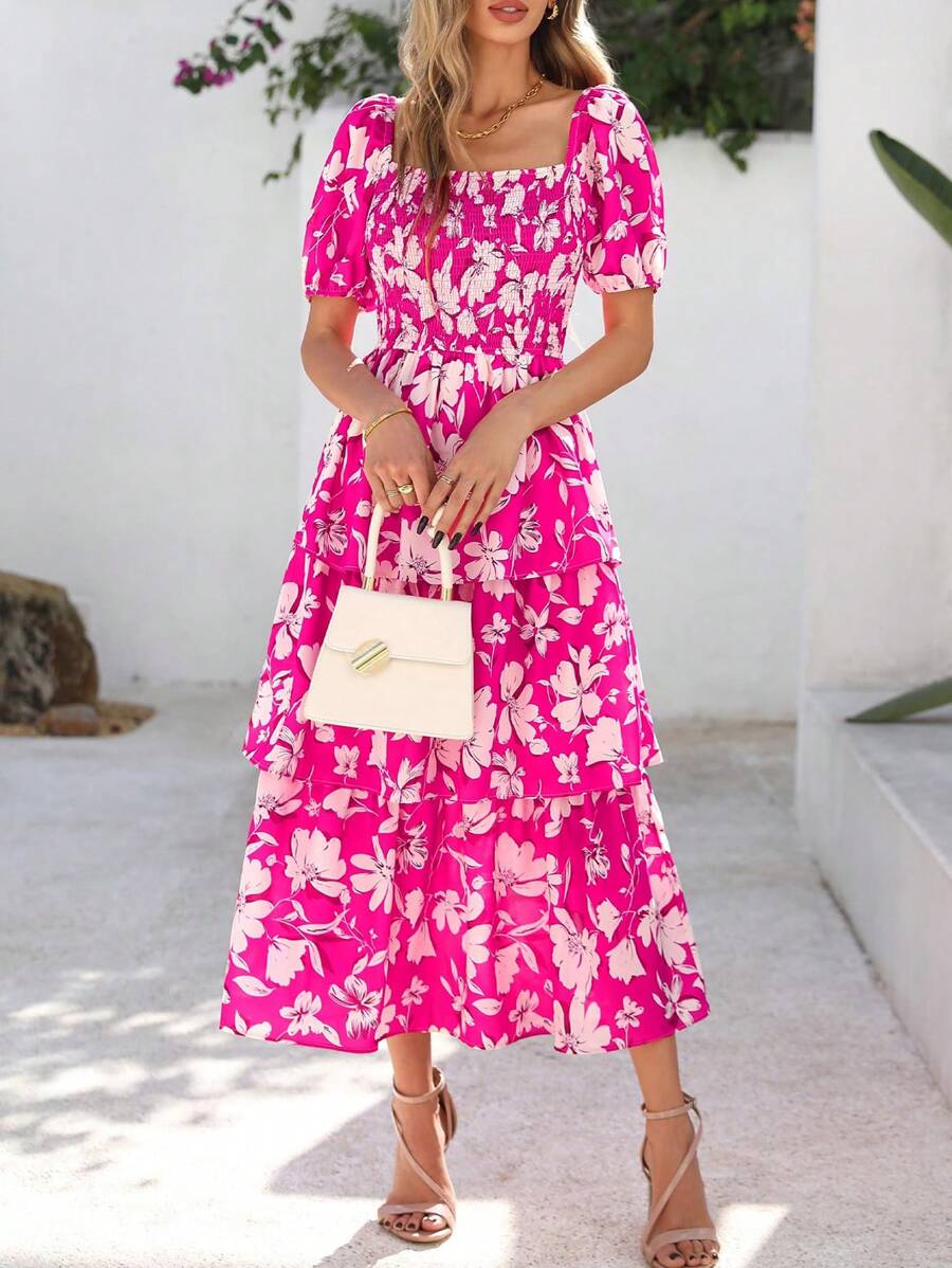 Women Summer Puff Short Sleeve Midi Dress Floral Printed Square Neck Smocked Dress Ruffle Tiered Flowy Long Dress Casual Spring Holiday Vacation Garden Boho Bohemian Wedding Guest Valentine Maxi Dress - White Rose Red Flower - View 1