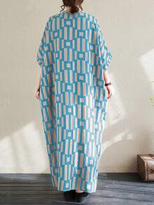 女士休闲优雅长款卡夫坦连衣裙，V领短袖，梭织面料，带口袋，几何印花，宽松版型 - 淺藍色 - 查看 3