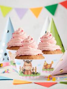 1 套粉色农场动物主题装饰蛋糕架、6 件蛋糕纸围、蛋糕架多层蛋糕托盘、生日节日活动派对装饰品、DIY 蛋糕装饰用品、派对用品蛋糕装饰、甜点食物装饰蛋糕边缘、纸杯蛋糕包装纸、食物托盘食物盒、帕蒂小礼物 - 農場動物 - 查看 10