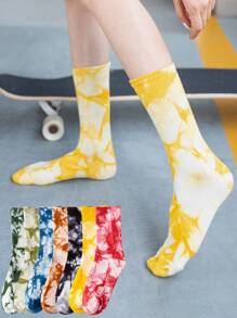 4 Pairs Women Tie Dye Mid-Calf Sports Socks, Colorful Gradient Couples Street Sports, Skate, Basketball Socks