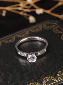 1 pieza Anillo con forma de corona incrustado con gran cubic zirconia, de acero de titanio de color oro/oro rosa/plata, de estilo personalizado y de moda, adecuado para uso diario de mujeres y como regalo para fiestas