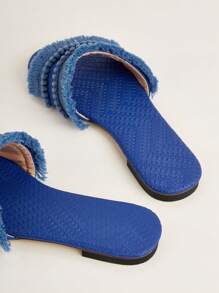 压花蓝色 PU 皮革女士一脚蹬平底凉鞋，带流苏和毛绒球，波西米亚//度假风格，流苏和绒球长度和数量随机，纹理图案随机