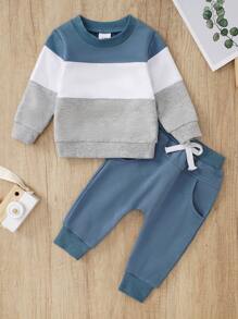 2 Stück/Set Baby Jungen Lässig Farbblock Langarm Rundhals Sweatshirt und Hose Set, Herbst/Winter