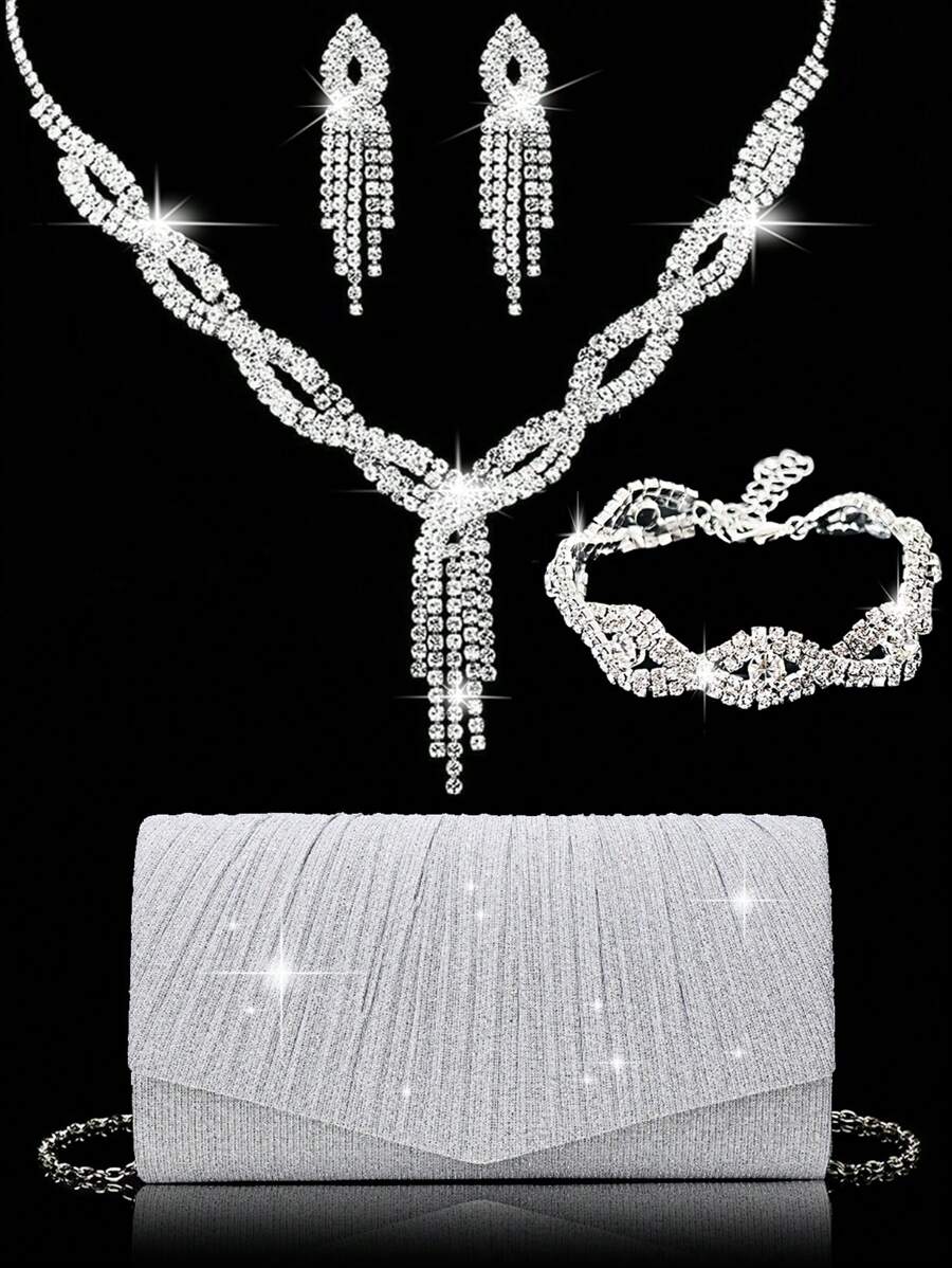 女士钻石首饰 闪耀奢华水钻首饰套装 闪耀项链 耳环 手链套装 闪粉皱纹手提宴会包 V型翻盖信封包 手提包 宴会包 钱包手提包 优雅手提宴会包 手提包 女士舞会手提包 女士新娘宴会包 舞会手提包 金属链条手提包 婚礼派对手提包 酒会婚礼 新款钱包宴会包