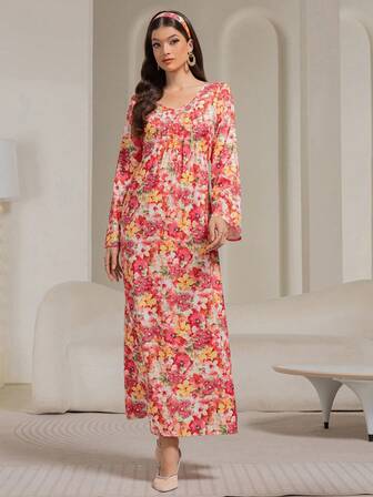 Women's Spring/Summer Everyday Flower Print Cinched Waist Long Sleeve Dress