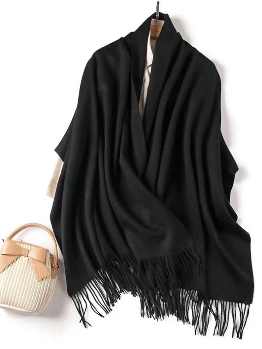MilyModa Unisex Plain Scarf 150g With Fringes - Black - View 1
