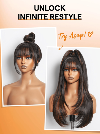 Long Highlight Brown Straight Wigs For Women 24 Inch Glueless Realistic Synthetic Wig With Bangs Heat Resistant Natural Layered Wig For Girls Daily Party Cosplay