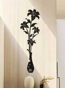 5pcs Lily Flower Mirror Wall Stickers, 4 Flower Vase Self-Adhesive Wall Art Decorative Soft Mirrors Wall Decor Room Decor