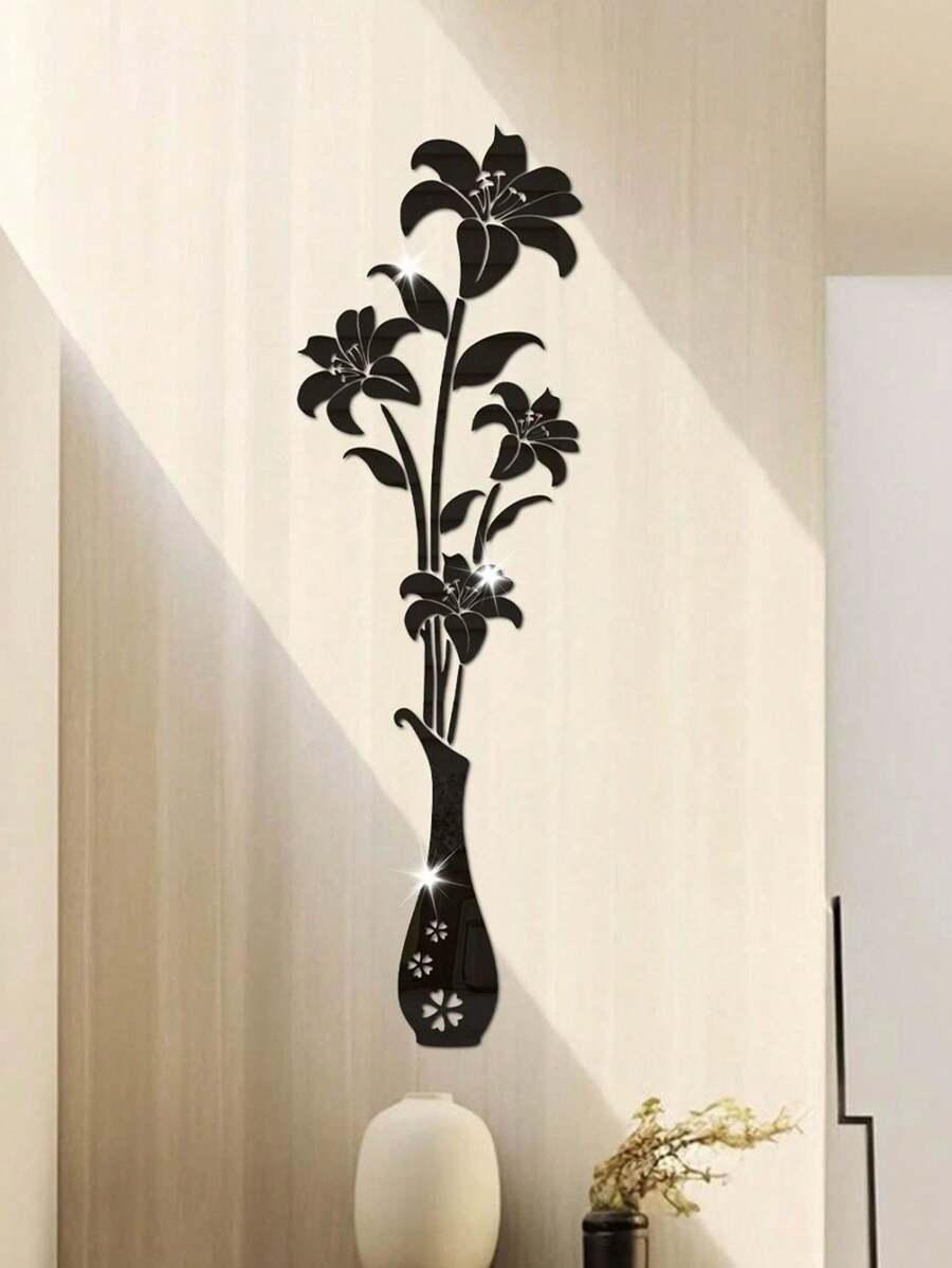 5pcs Lily Flower Mirror Wall Stickers, 4 Flower Vase Self-Adhesive Wall Art Decorative Soft Mirrors Wall Decor Room Decor