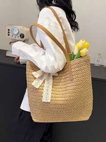 Summer Large Capacity Tote Bag Women's Handmade Woven Shoulder Bag Fresh Rural INS Style Grass Woven Fashionable Handheld Bag Summer Woven Shoulder Bag Women Beach Shoulder Bag Female Straw Knitted Handmade Large Capacity Handbag Purse Travel Tote Bags - Khaki - View 10