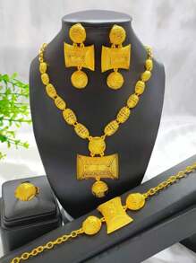 1 套（1 条项链、1 对耳环、1 条手链、1 枚戒指）时尚女士金色串珠球形吊坠首饰套装，4 件，非常适合婚礼、母亲节、情人节、节日礼物、项链耳环手链戒指、妈妈、母亲、母亲节、礼物 - 金黃色 - 查看 1