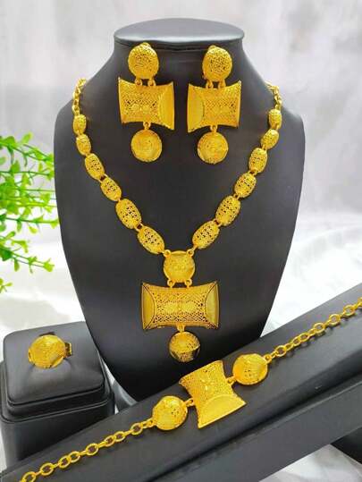 1 套（1 条项链、1 对耳环、1 条手链、1 枚戒指）时尚女士金色串珠球形吊坠首饰套装，4 件，非常适合婚礼、母亲节、情人节、节日礼物、项链耳环手链戒指、妈妈、母亲、母亲节、礼物