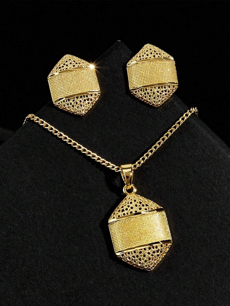 SEQUITO 3Pcs Charming Women Gold Plated Jewelry Set Conical Pendant Necklace Hollow Big Stud Earrings Evening Party Clothes Accessories