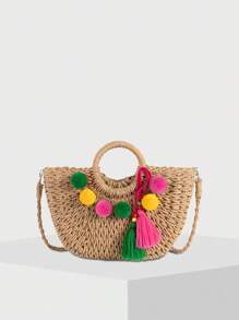 Handmade Raffia Flower Pom Pom Tassel Decor Beach Style Semicircle Women Handbag Shoulder Bag