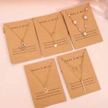 6pcs Minimalist Heart & Moon Pearl Pendant Necklace Set For Women, Great For Holiday, Party, Date, Daily Wear, Gift-Giving (Random Greeting Card Included) - Yellow Gold - View 3