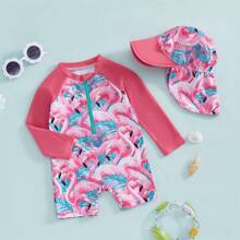 Toddler Baby Girl One Piece Swimsuit UPF 50+ Sun Protection Long Sleeve Rash Guard Bathing Suit Swimwear Sunhat Set - Hot Pink - View 2